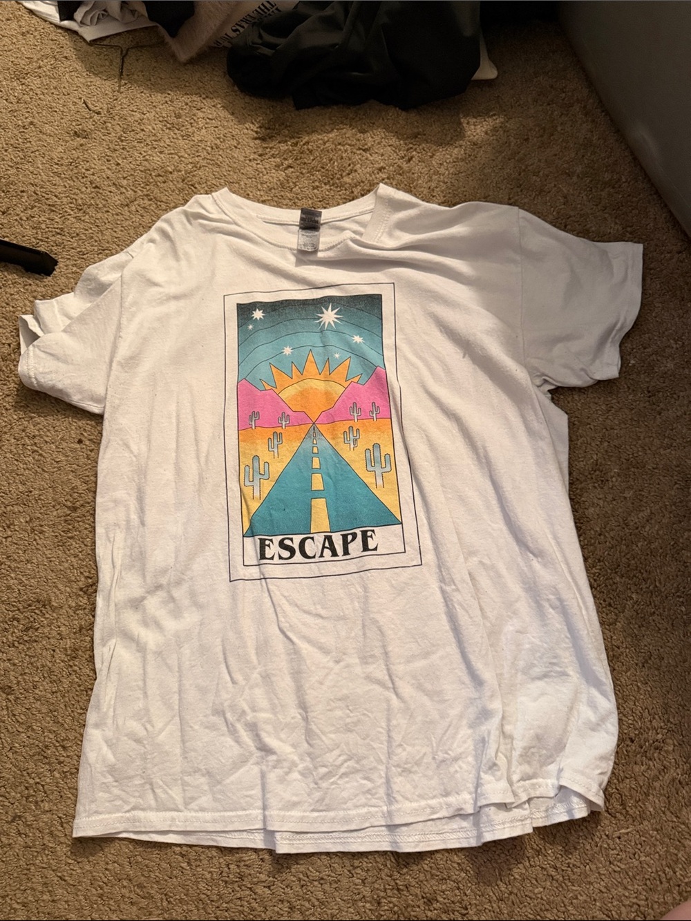Gildan White Short Sleeve Tee with Colorful Desert 'ESCAPE' Graphic